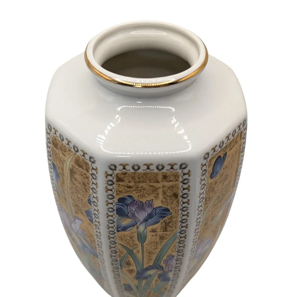 Vintage Golden Mist Vase Octagon Porcelain Irises Blue‎  Gold Trim Made In Japan